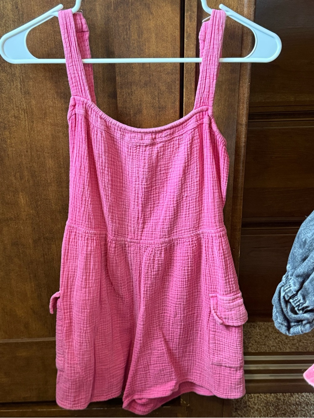 Blue Blush Pink Cotton Gauze Romper Dress with Utility Pockets